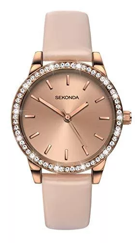 Sekonda Uhren Sekonda Editions Damen-Armbanduhr, Modeschmuck, Gehäuse in Rotgold mit eingefassten Schmucksteinen, Band aus Polyurethan