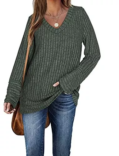 Aokosor Pullover & Strickmode Aokosor Damen Langarmshirts Pullover mit V-Ausschnitt Unifarbene Sweatshirts