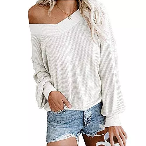 Dreamskull Langarmshirts Dreamskull Damen Frauen Pullover Blusen Shirt Longpulli Oberteile Longshirt Bluse Long Locker Elegant Langarm Schulterfrei Tunika Party Stretch Tops T-Shirt