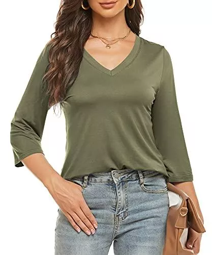 LIOFOER Langarmshirts LIOFOER Damen Tops 3/4 Ärmel Blusen V-Ausschnitt Basic T Shirts