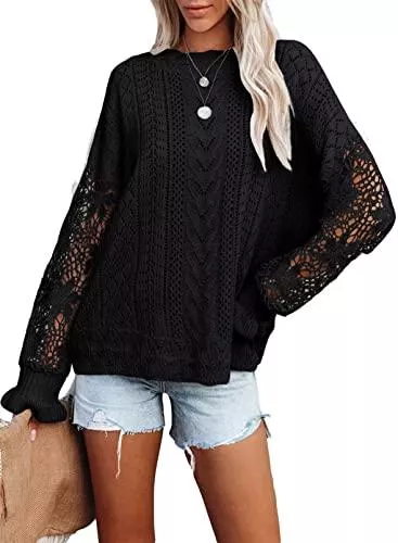 Astylish Pullover & Strickmode Astylish Pullover Damen Rundhalsausschnitt Stricken Pullover Langarm Mit Exquisite Spitzen Einfarbig Winterpullover Oberteile S-2XL