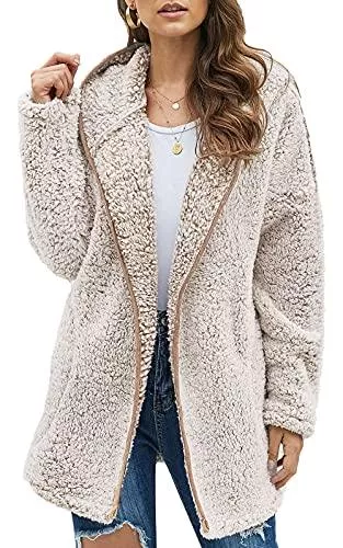 Les umes Jacken Les umes Damen-Fleece-Kapuzenmantel mit Reißverschluss, weicher Kapuzen-Cardigan, flauschiger Winterjackenmantel mit Tasche