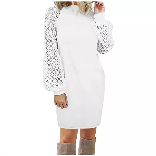 18.66 Freizeit Donasty Damen Strickkleid Elegant Spitze Party Cocktailkleid Langarm Festlich Abendkleid Casual Tunika Kleid Pulloverkleid Sweater Kleid