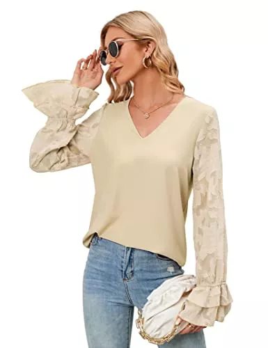 KOJOOIN Langarmblusen KOJOOIN Damen Bluse Langarm V-Ausschnitt Chiffon Hemd Casual Elegant Tunika Tops(Verpackung MEHRWEG