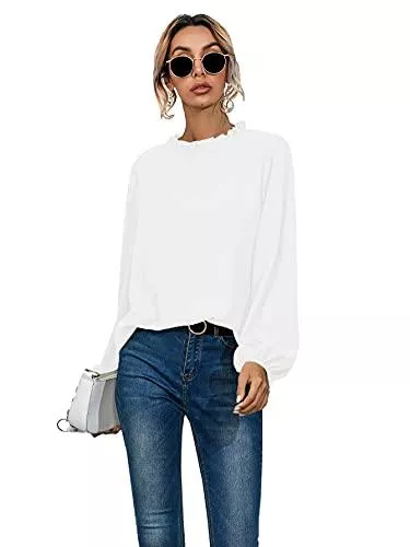 SheIn Langarmblusen SheIn Damen Elegant Bluse mit Rüschen-Kragen Langarm Oberteil Blusen Chiffonbluse Herbst Tunika Pollover Bishop Ärmel