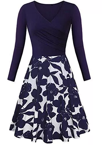 EFOFEI Cocktail EFOFEI Damen Slim V-Ausschnitt Kleid Langarm Pure Color Printed Cocktailkleid Casual Rock Partykleid