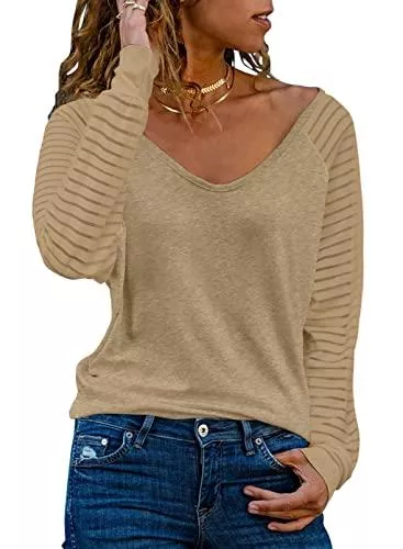 Dokotoo Pullover & Strickmode Dokotoo Damen Oberteile Streifen Mesh Langarmshirt Casual V-Ausschnitt Bluse Shirt Tops S-XXL