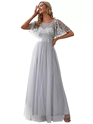 Ever-Pretty Abendkleider Ever-Pretty Damen Abendkleid A-Linie Spitze Kurze Ärmel Partykleid lang 00904