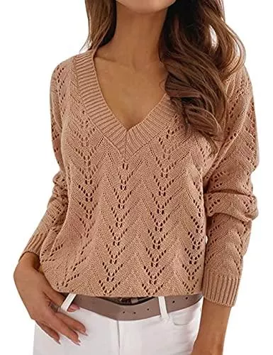 ABINGOO Pullover & Strickmode ABINGOO Strickpullover Damen V-Ausschnitt Häkelpullover Strickpulli Elegante Sweater Grobstrick Casual Pullover Oberteile