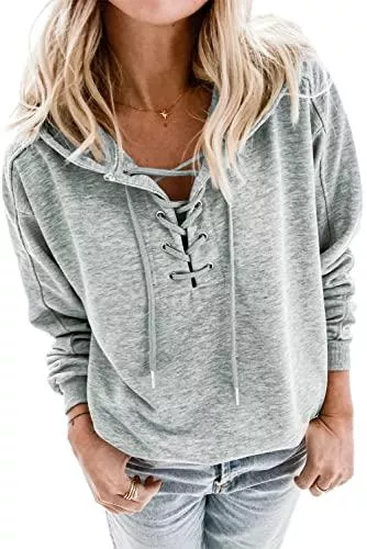 GRMLRPT Kapuzenpullover GRMLRPT Kapuzenpullover für Damen Herbst Winter Hoodie V-Ausschnitt Sweatshirt Casual Langarm Langarmshirt Kordelzug Pullover mit Kapuze Sport Outerwear(Mehrfarbig,S-XXL)