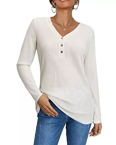 OUGES Langarmshirts OUGES Damen Langarm V-Ausschnitt Oberteile Pullover Tunika Bluse Waffelstrick Knopfleiste Henley Shirts