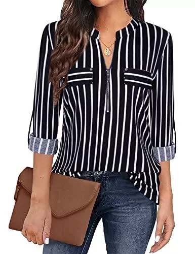 Siddhe Langarmblusen Siddhe Damen V-Ausschnitt Bluse 3/4 Ärmel Tunika Reißverschluss Langshirt Langarm Hemd Tops T-Shirt Oberteile Tunika Tops