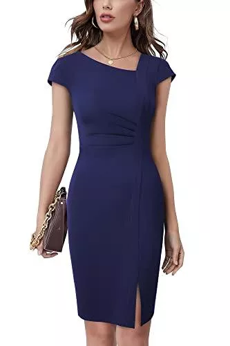 HOMEYEE Business HOMEYEE Damen Vintage V-Ausschnitt Bodycon Business Bleistiftkleid mit Schlitz B700