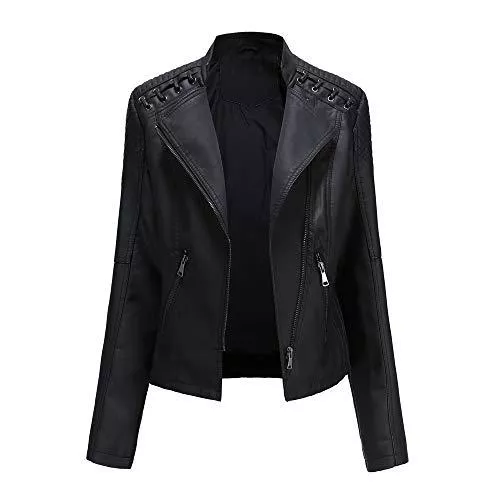 QinzQuic Jacken QinzQuic Damen Klassischer Jacken PU Leder Langarm Herbst Tops Reißverschluss Pockets Biker Coat Slim fit 6 Colors