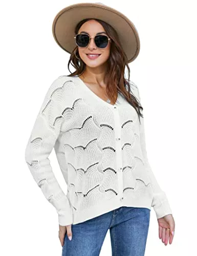 KOJOOIN Strickjacken KOJOOIN Strickjacke Damen Langarm V-Ausschnitt Strick Cardigan Perforierter Casual Bolero mit Knopf(Verpackung MEHRWEG
