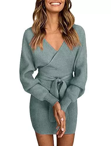 ZIYYOOHY Freizeit ZIYYOOHY Damen Elegant Strickkleid Pulloverkleid Tunika Kleid V-Ausschnitt Langarm Minikleid Mit Gürtel