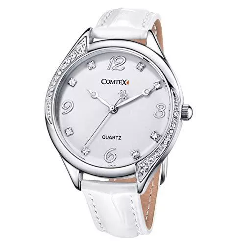 Comtex Uhren Damen Armbanduhr weißes Zifferblatt Kristall Damenuhr Weiss Lederarmband