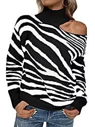 ASOMI Pullover & Strickmode ASOMI Sexy Pullover Damen Oberteile Off Shoulder Langarm Shirt Rollkragen Kalter Schulter Sweatshirt Bluse mit Zebra Streifen