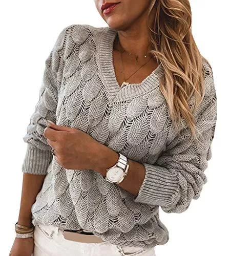 Tomwell Pullover & Strickmode Tomwell Pullover Damen Strickpullover Elegant Feder Hohlpullover Casual V-Ausschnitt Langarm Jumper Lose Pulli Einfarbig Sweater Oberteile Tops Herbst Winter