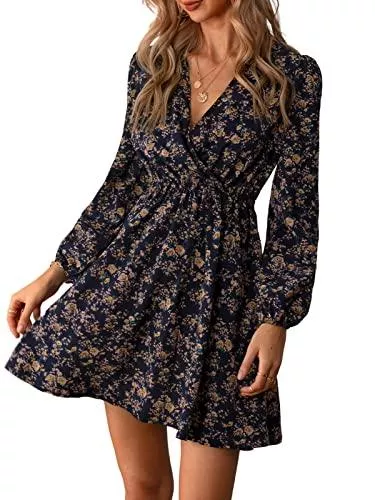 CUPSHE Freizeit CUPSHE Damen Kleid V Ausschnitt Langarm Blumenmuster Wickelkleid Partykleid A Linie Freizeitkleider Wrap V Neck Mini Dress