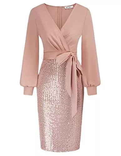 GRACE KARIN Cocktail GRACE KARIN Damen Arbeit Bodycon Bleistiftkleid Langarm Hochzeit Gast Büro Kleider V-Ausschnitt Party CocktailKleid