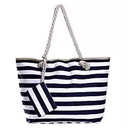 DonDon Taschen & Rucksäcke Große Strandtasche mit Reißverschluss gestreift dunkelblau weiß Shopper Schultertasche