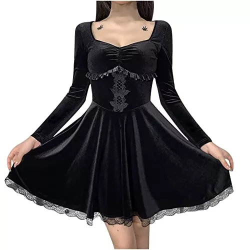 TRIGLICOLEUM Party Damen Abendkleid Gothic Einfarbiges Ballkleid Sexy Neckholder Partykleid Schulterfreies Rückenfreies Minikleid Swing Cocktailkleid Taille Zurückziehen Skaterkleid Cosplay Halloween Karneval