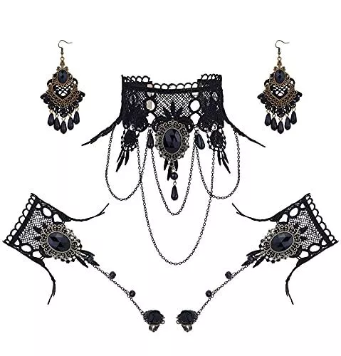 JeweBella Schmuck JeweBella Gothic Schmuck Set für Damen Schwarz Gothic Lolita Spitze Choker Halskette Armbänder Ohrringe Set für Halloween Vampir Csoplay