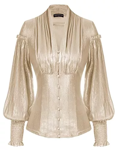 SCARLET DARKNESS Langarmblusen SCARLET DARKNESS Mittelalter Damen Bluse Langarm Gesmokte Manschetten V-Ausschnitt Shirts