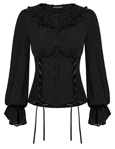 SCARLET DARKNESS Langarmblusen SCARLET DARKNESS Damen Renaissance Shirt Lange Ärmel Rundkragen mit Rüschen Schnürung Bluse