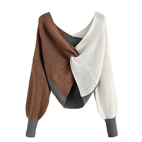 ZAFUL Pullover & Strickmode ZAFUL Damen V-Ausschnitt Criss Cross Twisted Back Pullover Gestrickte Crop Pulli Jumper Tops