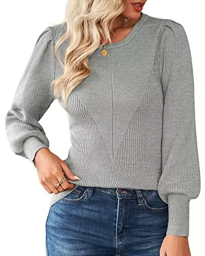 Merloria Pullover & Strickmode Merloria Pullover Damen Rundhals Laternenärmel Strickpullover Eleganter Langarm Jumper Winter Pulli Warm Oversize Oberteile Top
