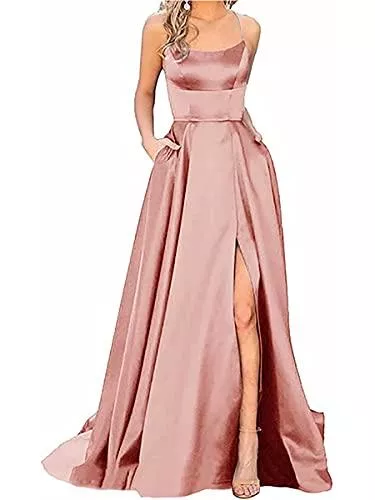 Onsoyours Abendkleider Onsoyours Ballkleider Off Shoulder Kleider Damen Lang Elegant Hochzeit A-Linie Criss-Cross Satin Spaghetti Party Prom Maxi Dress Abendkleider Schlitz Brautkleid Festkleider mit Taschen