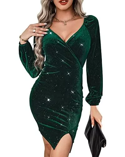 BebreezChic Cocktail BebreezChic Kleider Damen Kurz Samtkleid V-Ausschnitt Langarm Bodycon Schlitz Glitzer Wickelkleider Partykleider Cocktailkeider