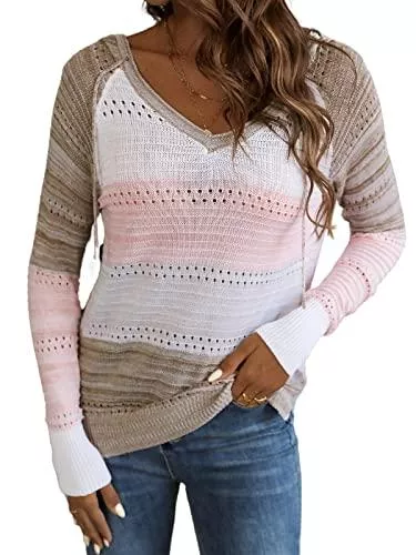 CUPSHE Pullover & Strickmode CUPSHE Damen Strickpullover Hoodie V Ausschnitt Langarm Farbblock Kapuzen Pulli Sweatshirt