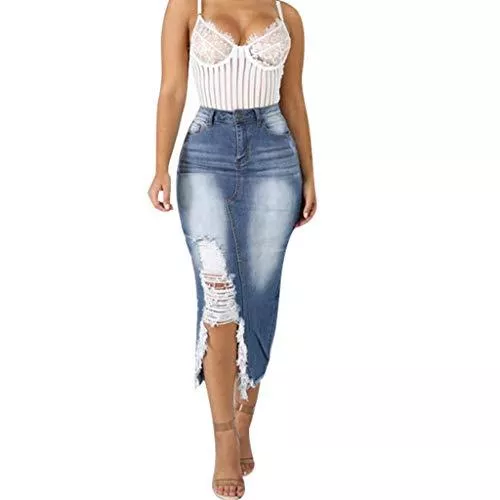 QIjinlook_Röcke Röcke Damen Knielang Jeansrock, QIjinlook Damen Casual Distressed Ripped High Waist Denim Rock röcke Damen röcke midi Jeansrock Damen Knielang große größen.S-5XL