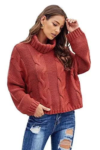 QAKEHU Pullover & Strickmode QAKEHU Langarm Damen Strickpullover Oversize Pullover Grobstrickpullover Sweatshirt Langarmshirt Rollkragen Casual Winter Kleid Übergroß Top S-XXL