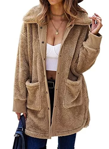 Jiraewh Jacken Jiraewh Damen Mantel Plüschjacke Teddy-Fleece Casual Kariert Wintermantel Revers Lange Ärmel Einfarbig Outwear mit ​Taschen Winterjacke