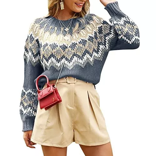 Gemijacka Pullover & Strickmode Gemijacka Damen Pullover Rundhals Norweger Strickpullover Kurz Laternenärmel Weihnachtspullover Basic Wintermuster Sweater