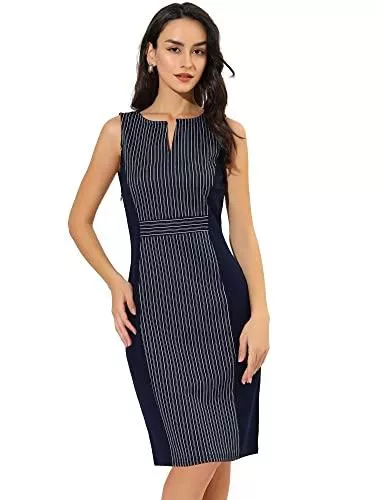 Allegra K Business Allegra K Damen V-Ausschnitt Gestreifte Midikleid Arbeit Ärmellos Bleistiftkleid Kleid
