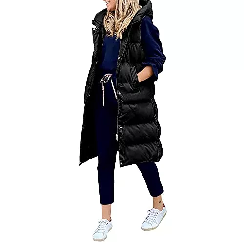 Godoboo Westen Godoboo Damen Lang Daunenweste Wintermantel Vest Ärmellose Warmer Daunenmantel Longweste Casual Winterjacke Outdoor Ärmellos Mantel Jacke Weste Lang Steppweste mit KapuzeWintermantel