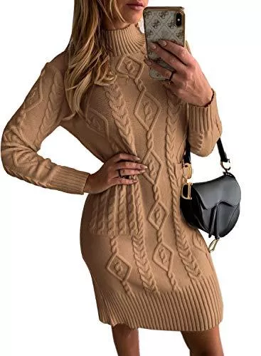 Modasua Freizeit Modasua Damen Strickkleider Langarm Rollkragen Strickpullover Pulloverkleid Elegant Winterkleid Jumper Minikleid Warme Wickelkleid Winter Pulli Sweater Kleid