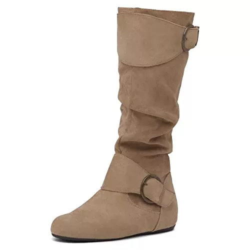 Shoe Land Stiefel Shoe Land Bettyy Damen Geschlossene Zehe Flache Ferse Schnalle Slouchy Mid Calf Casual Stiefel