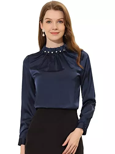 Allegra K Langarmblusen Allegra K Damen Oberteil Langarm Rüschen Ausschnitt Satin Elegant Arbeit Shirt Bluse mit Perlen