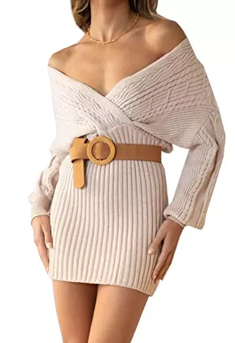 ZIYYOOHY Freizeit ZIYYOOHY Damen Elegant Strickkleid Pulloverkleid Tunika Kleid V-Ausschnitt Langarm Minikleid Mit Gürtel