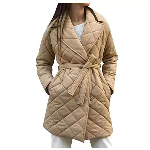 QHDDP Mäntel QHDDP Damenmode Herbst und Winterjacke mit mittellangem Brustgurt modischer Taille Lattice Revers Winterjacke Damen Festliche Jacke