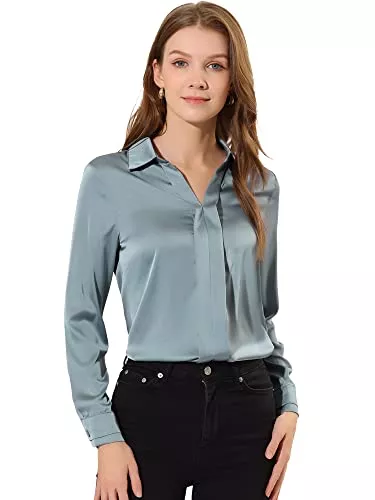 Allegra K Langarmblusen Allegra K Damen Langarm Hemdkragen V-Ausschnitt Samt Shirt Top Bluse