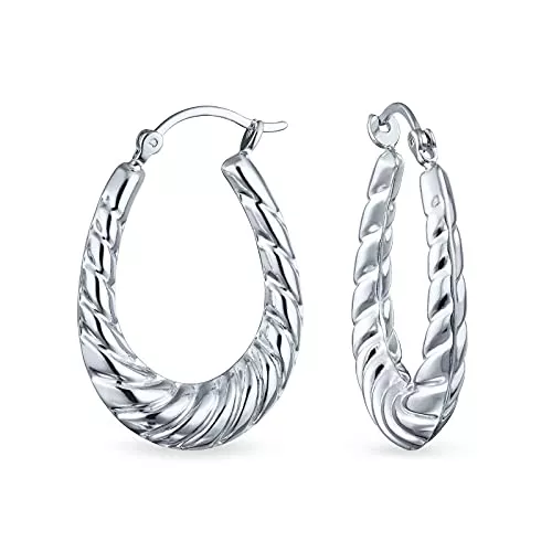 Bling Jewelry Schmuck Boho Tribal Lightweight Hollow Puff Ribbed Scalloped Twist Rope Cable Style Oval Tube Hoop Ohrringe für Frauen für Teenager 925 Sterling Silber Mittelgroße Reifen