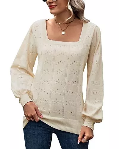 Bequemer Laden Pullover & Strickmode Bequemer Laden Damen Langarm Sweater Pullover V Ausschnitt/Eckigem Ausschnitt Puffy Ärmel Vintage Sweatshirt Oberteile Top für Herbst Winter