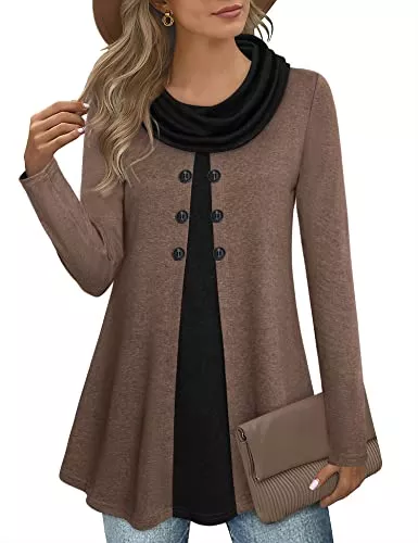 Gaharu Pullover & Strickmode Gaharu Damen Tunika Langarm Elegant Pullover Lang Sweatshirt Schalkragen Patchwork Pulli